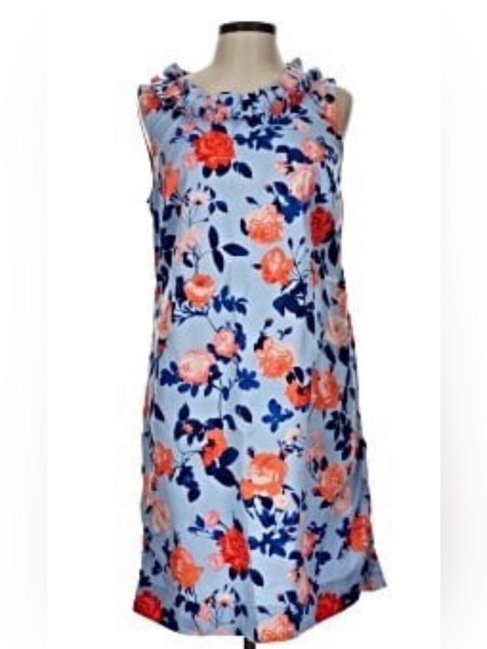 Talbots Light Blue Floral Midi Dress with Orange & Navy Blooms 16P. Bust 20”